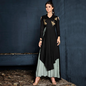 Black Floral Embroidered Rayon Long Kurti - Peachmode