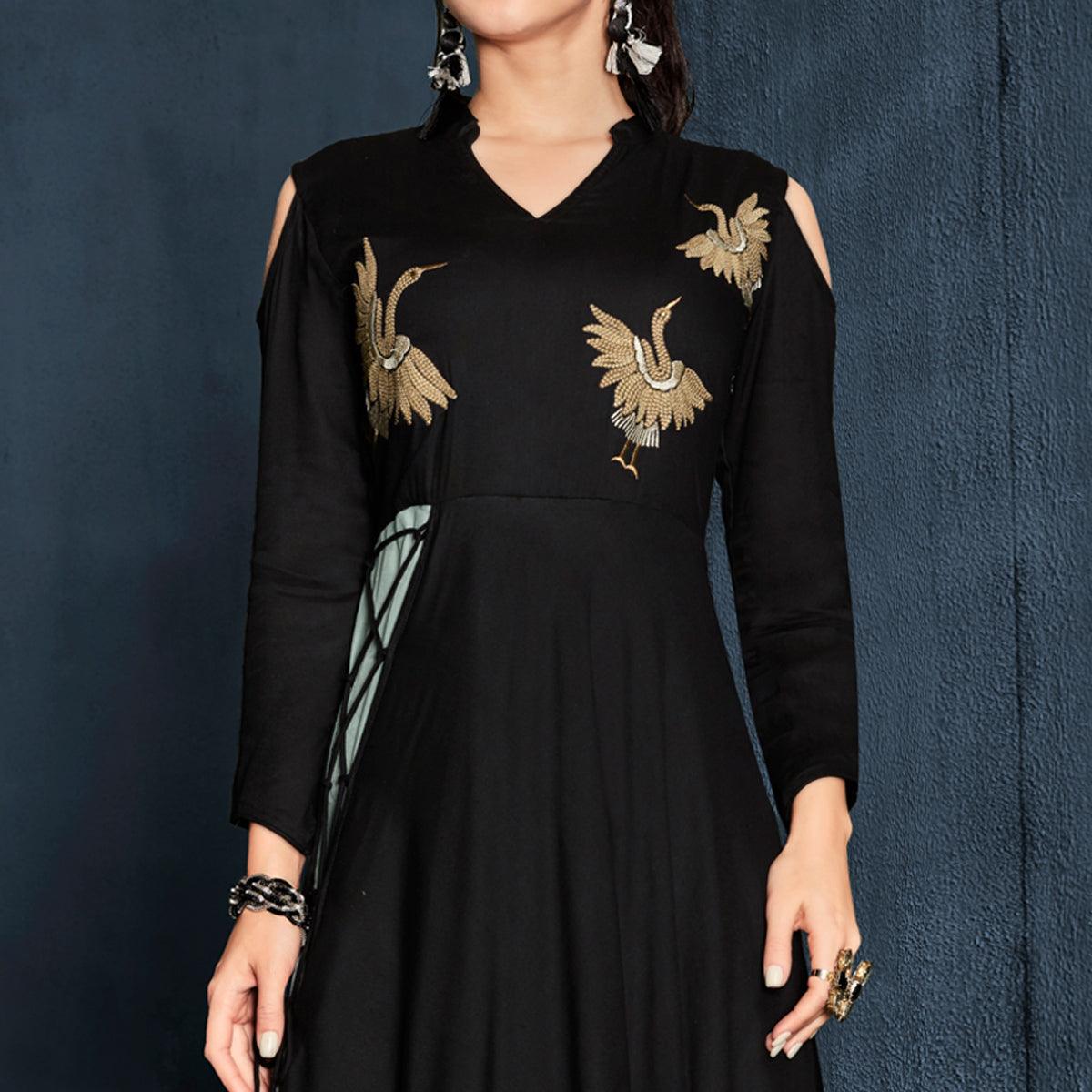 Black Floral Embroidered Rayon Long Kurti - Peachmode
