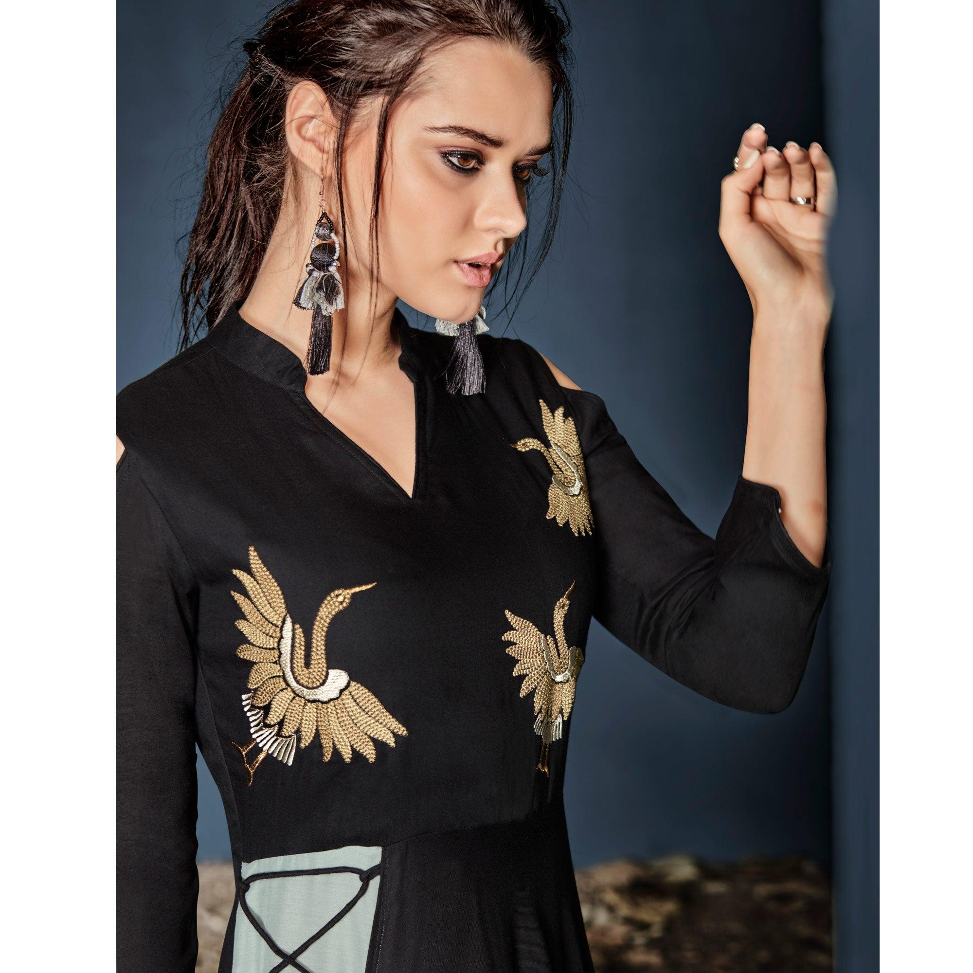 Black Floral Embroidered Rayon Long Kurti - Peachmode