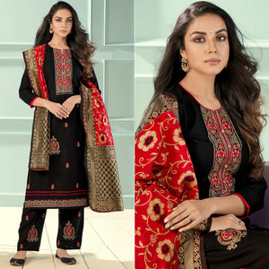 Black Floral Embroidered Rayon Partywear Suit - Peachmode