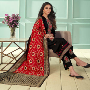 Black Floral Embroidered Rayon Partywear Suit - Peachmode