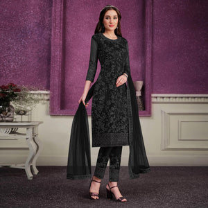 Black Floral Embroidered Soft Net Partywear Suit - Peachmode