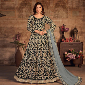 Black Floral Embroidered Velvet Partywear Gown - Peachmode