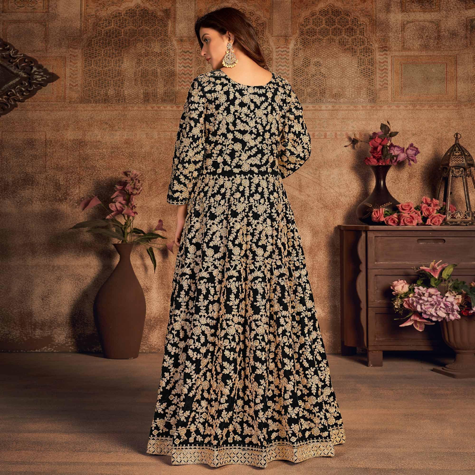 Black Floral Embroidered Velvet Partywear Gown - Peachmode