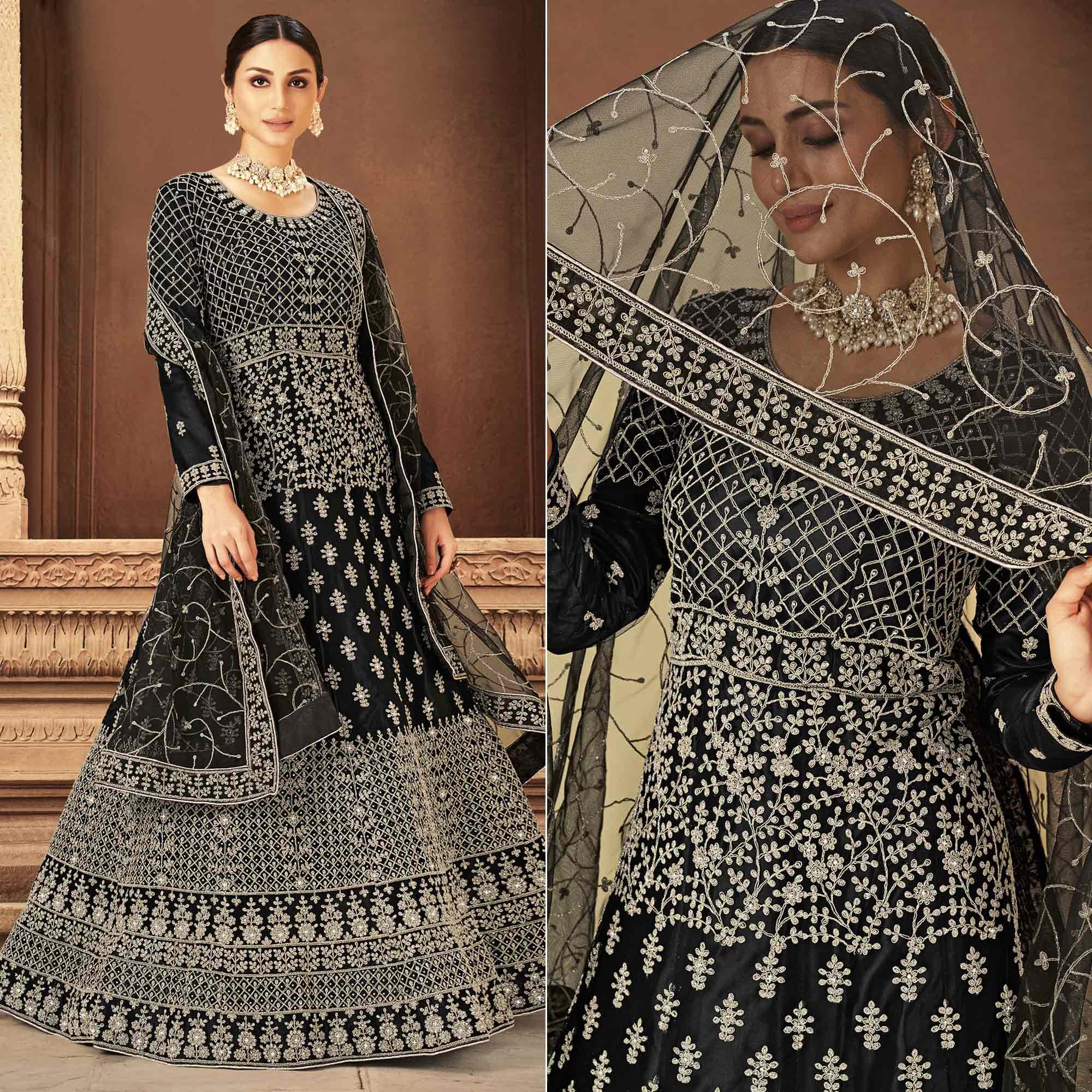 Black Floral Embroidered With Diamond Work Net Gown - Peachmode