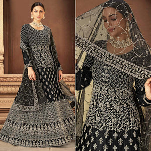Black Floral Embroidered With Diamond Work Net Gown - Peachmode