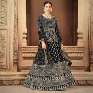 Black Floral Embroidered With Diamond Work Net Gown - Peachmode