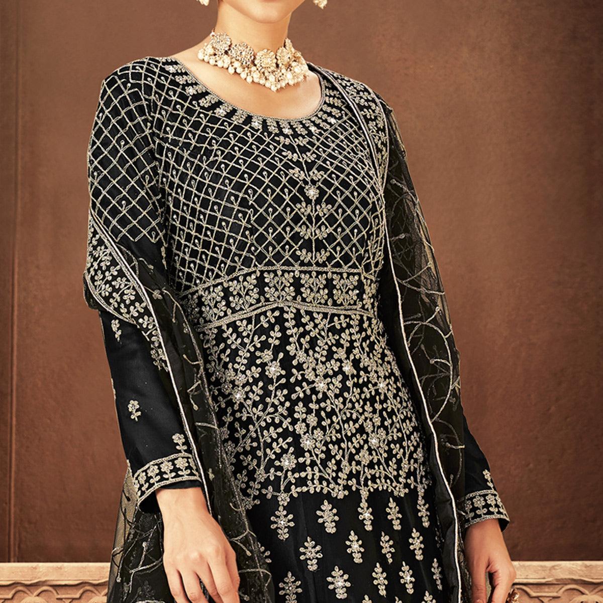 Black Floral Embroidered With Diamond Work Net Gown - Peachmode