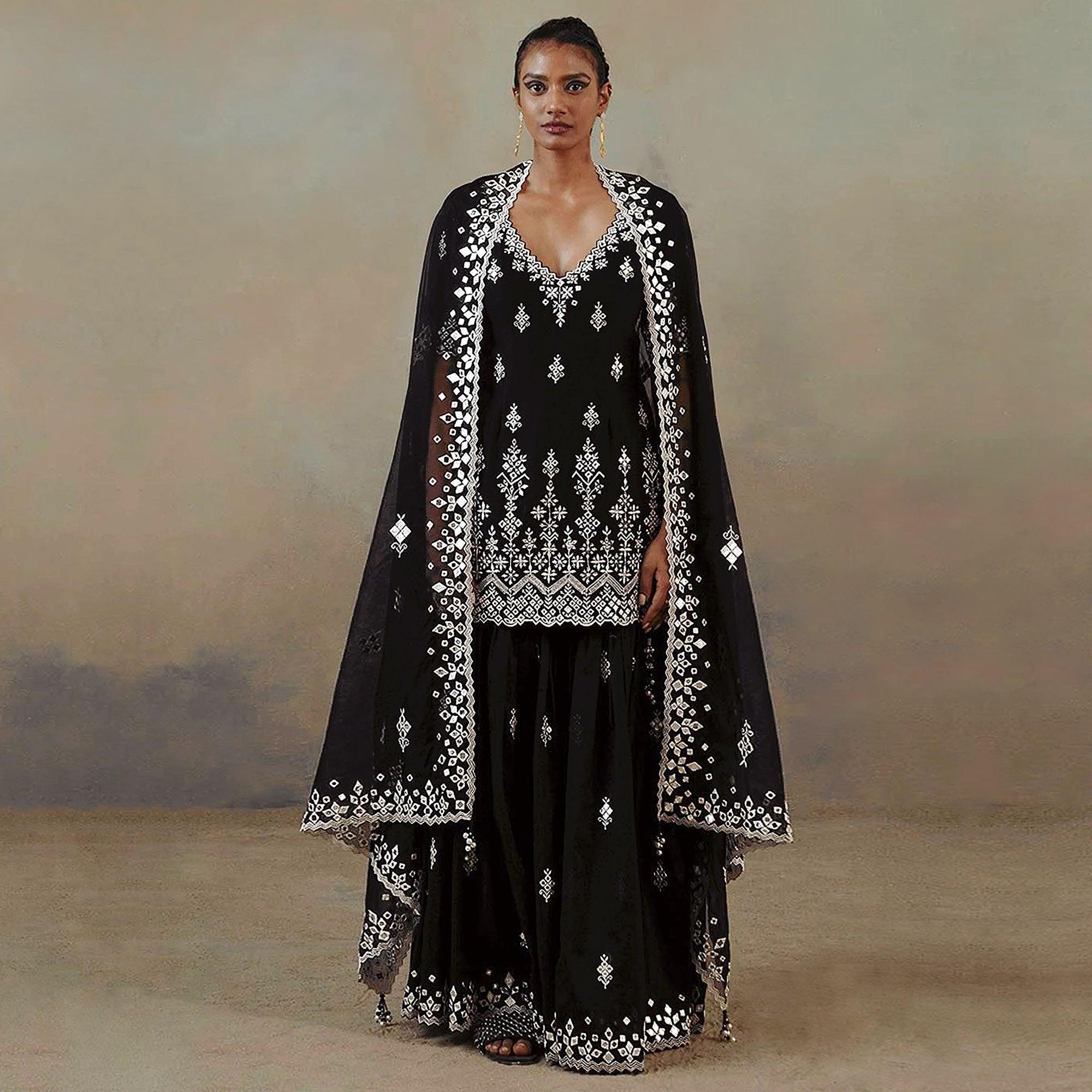 Black Floral Embroidered With Mirror Work Georgette Sharara Suit - Peachmode