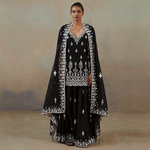 Black Floral Embroidered With Mirror Work Georgette Sharara Suit - Peachmode
