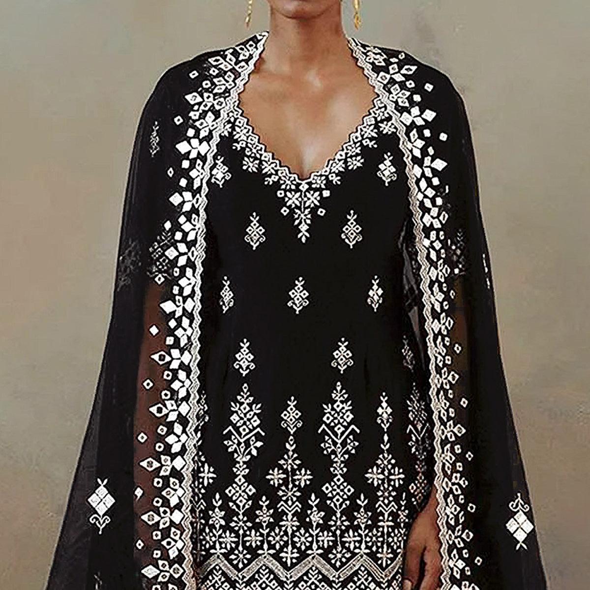 Black Floral Embroidered With Mirror Work Georgette Sharara Suit - Peachmode