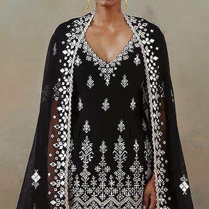 Black Floral Embroidered With Mirror Work Georgette Sharara Suit - Peachmode