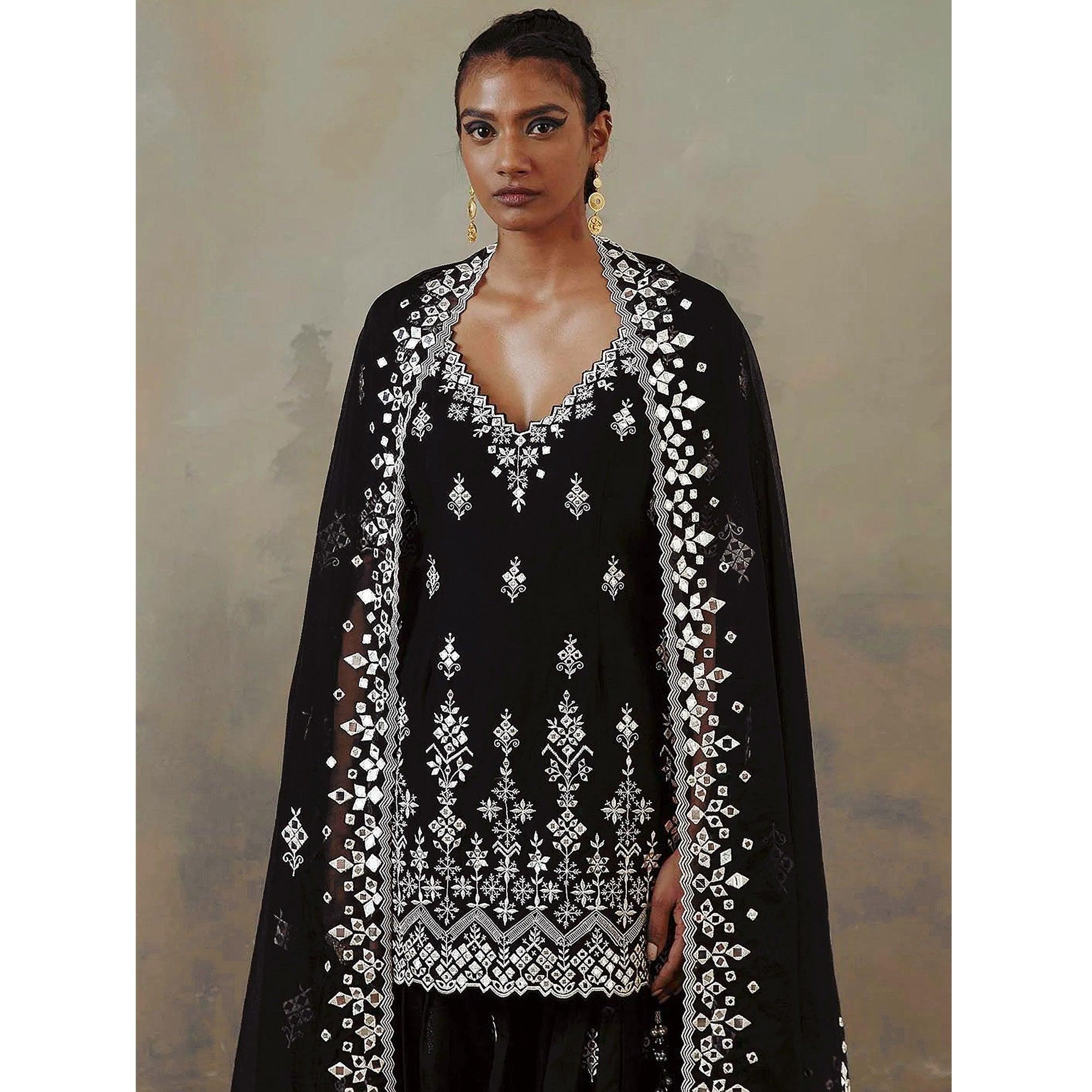 Black Floral Embroidered With Mirror Work Georgette Sharara Suit - Peachmode