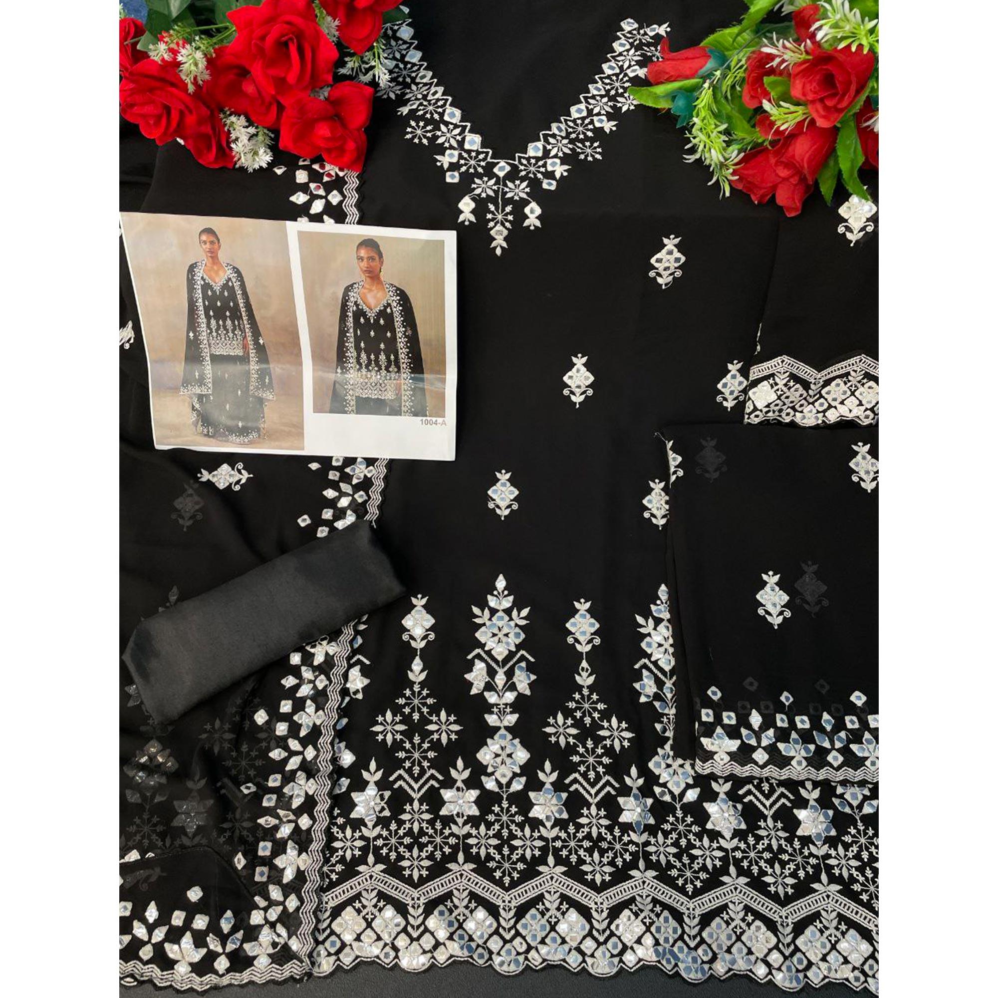 Black Floral Embroidered With Mirror Work Georgette Sharara Suit - Peachmode