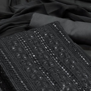 Black Floral Embroidered With Sequence Georgette Dress Material - Peachmode