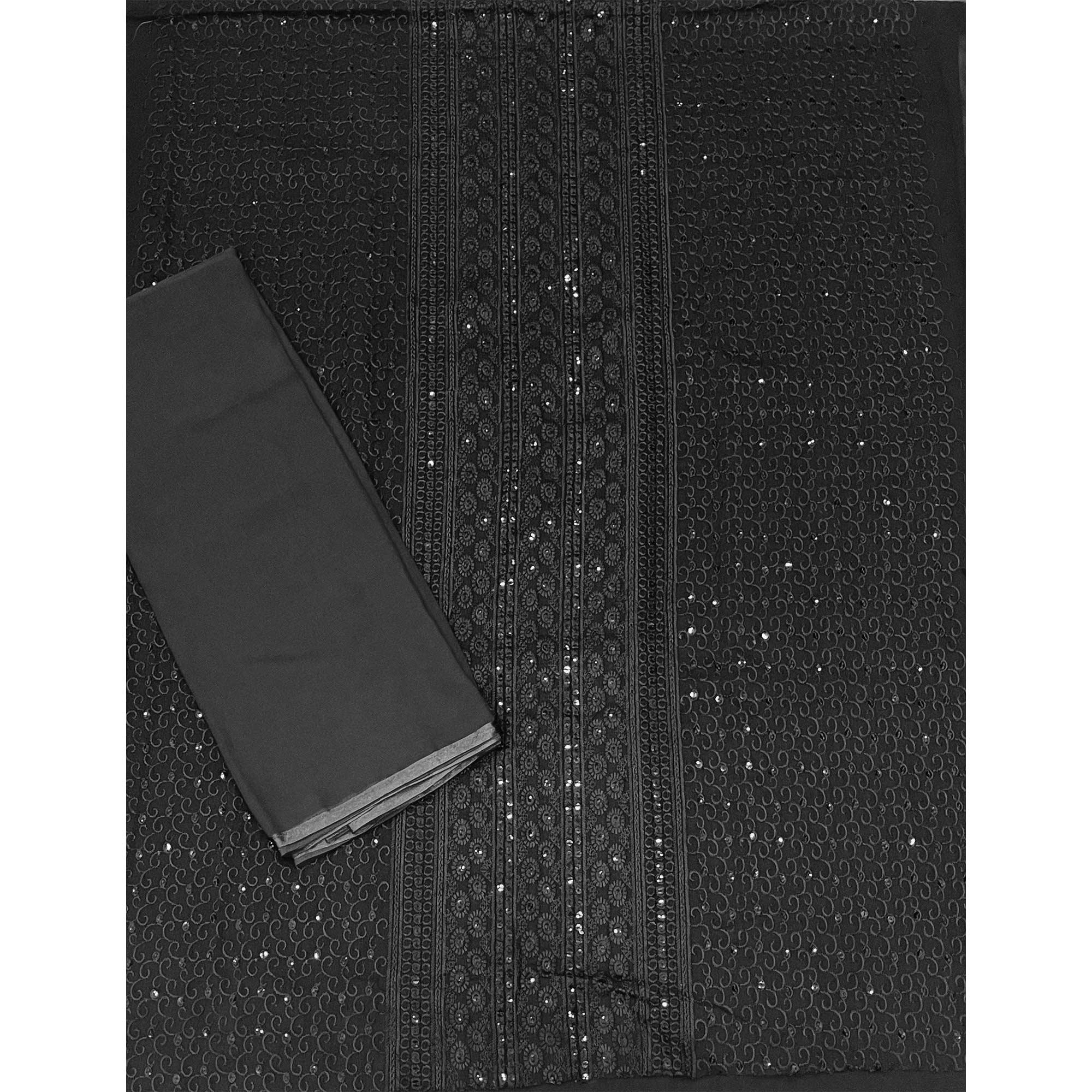 Black Floral Embroidered With Sequence Georgette Dress Material - Peachmode