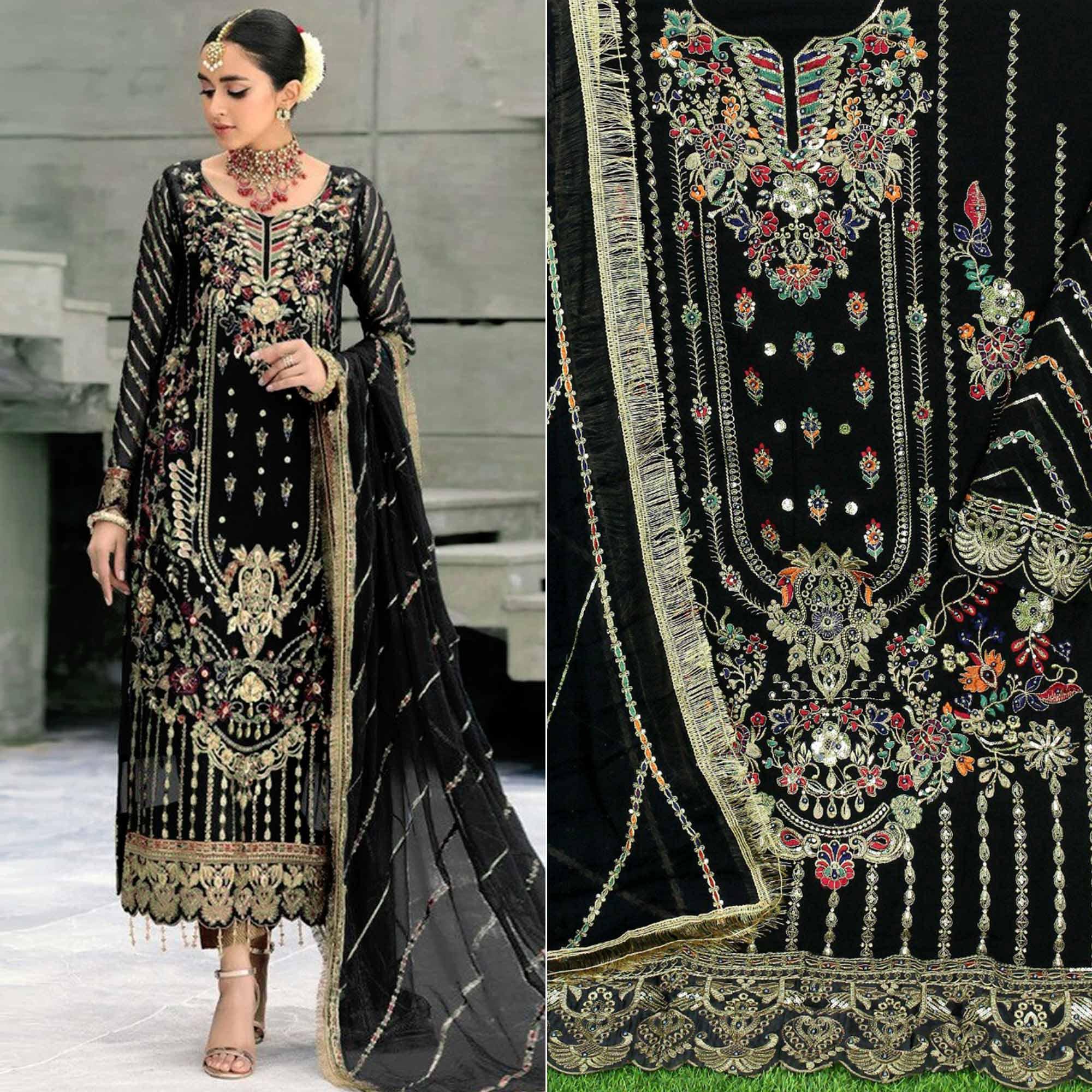 Black Floral Embroidered With Sequence Georgette Pakistani Suit - Peachmode