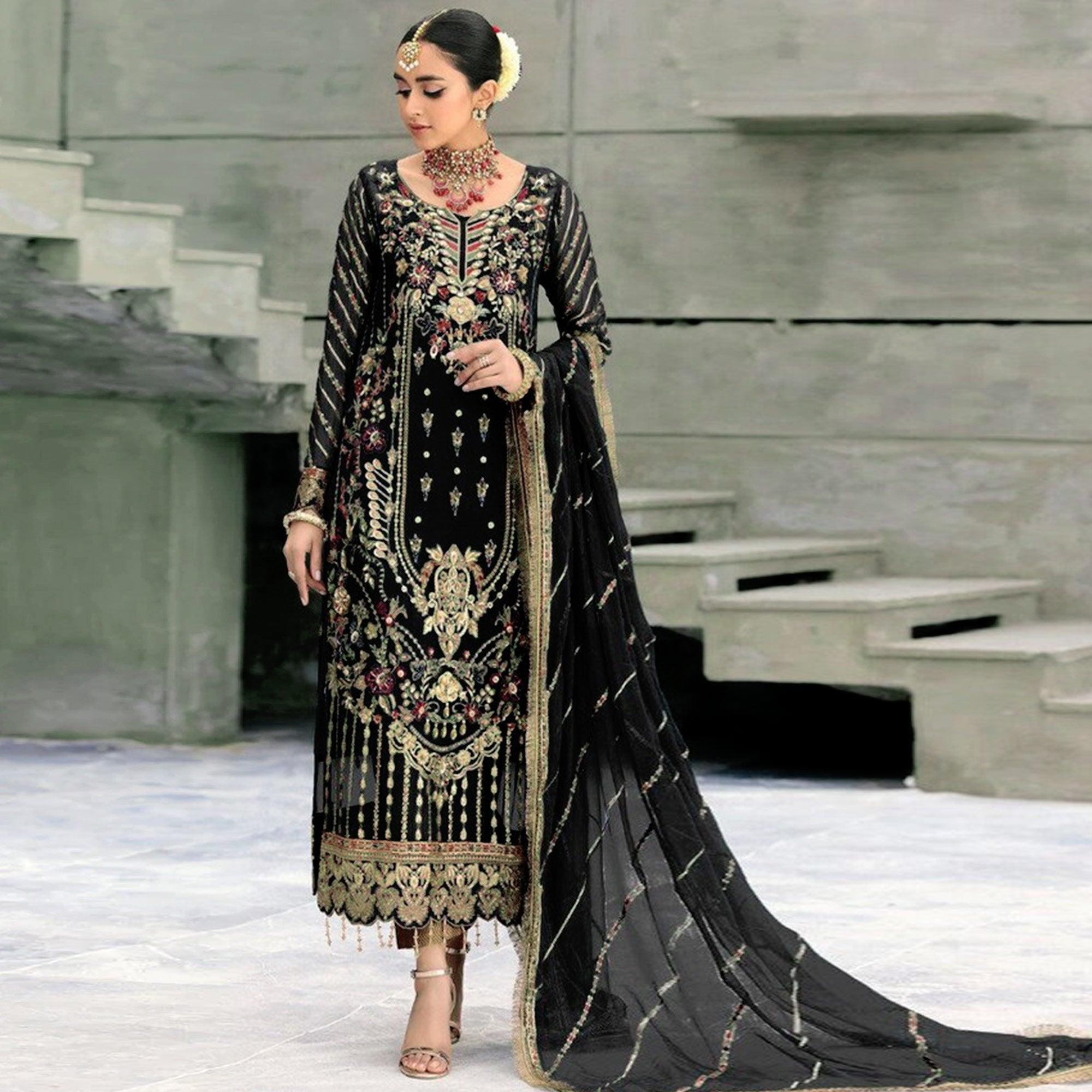 Black Floral Embroidered With Sequins Georgette Pakistani Suit