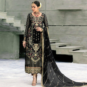 Black Floral Embroidered With Sequence Georgette Pakistani Suit - Peachmode