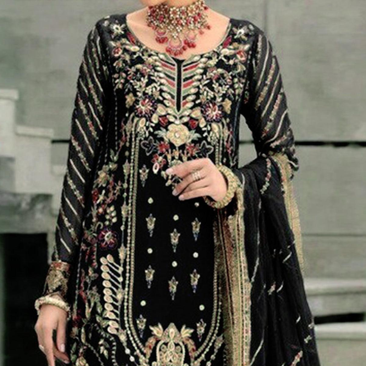 Black Floral Embroidered With Sequence Georgette Pakistani Suit - Peachmode