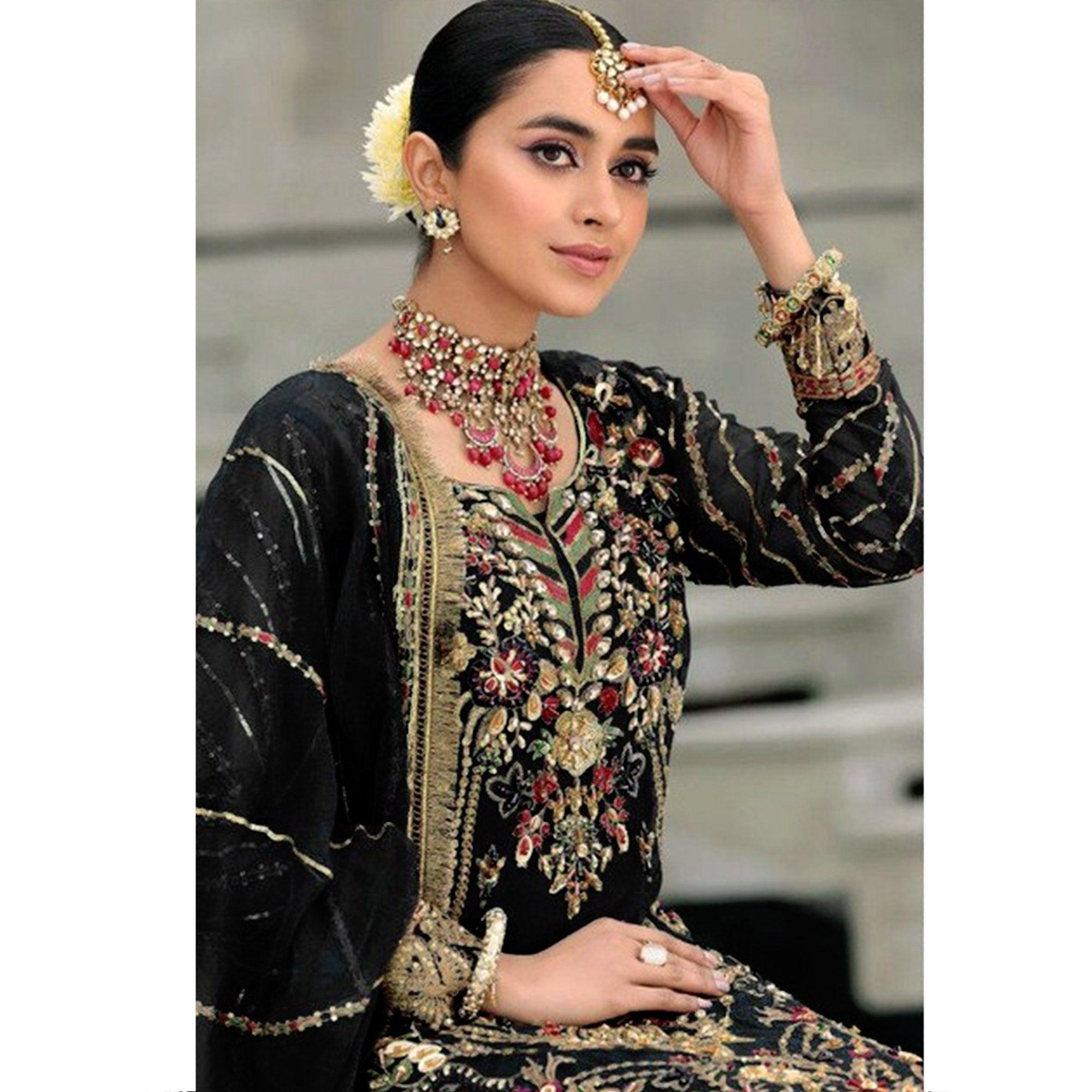 Black Floral Embroidered With Sequence Georgette Pakistani Suit - Peachmode