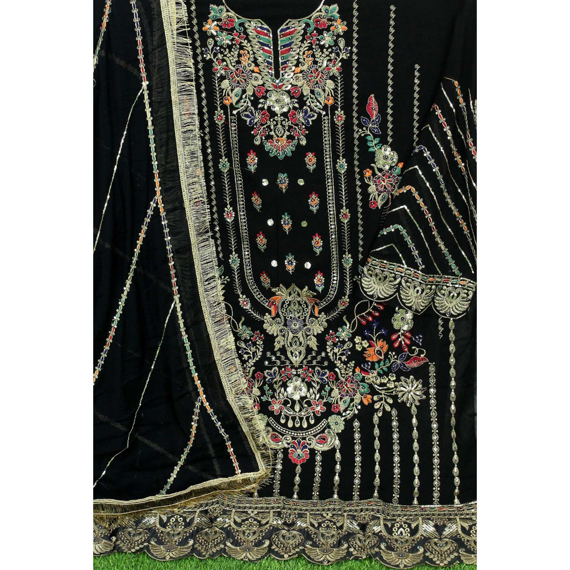 Black Floral Embroidered With Sequence Georgette Pakistani Suit - Peachmode