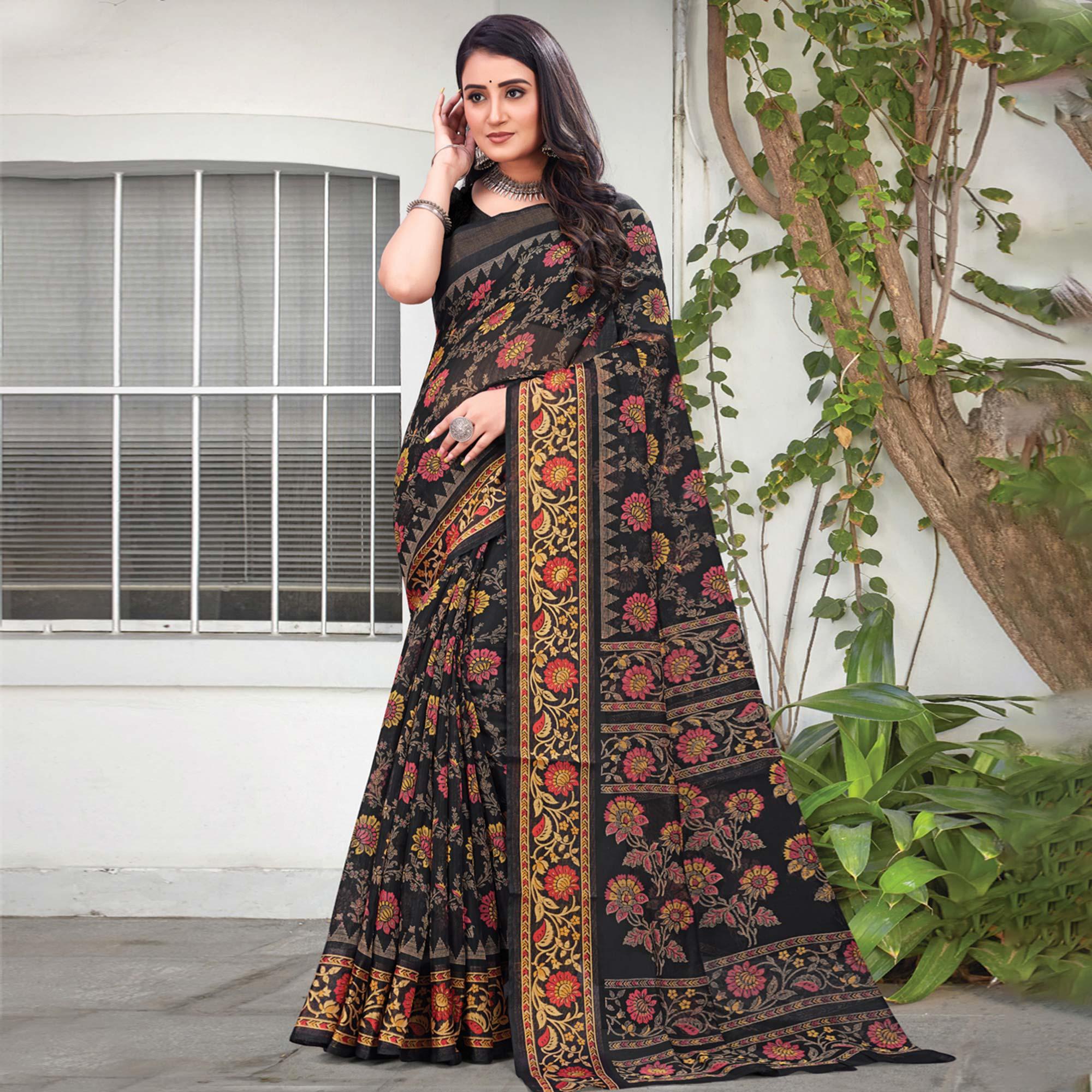 Black Floral Printed Art Silk Saree - Peachmode