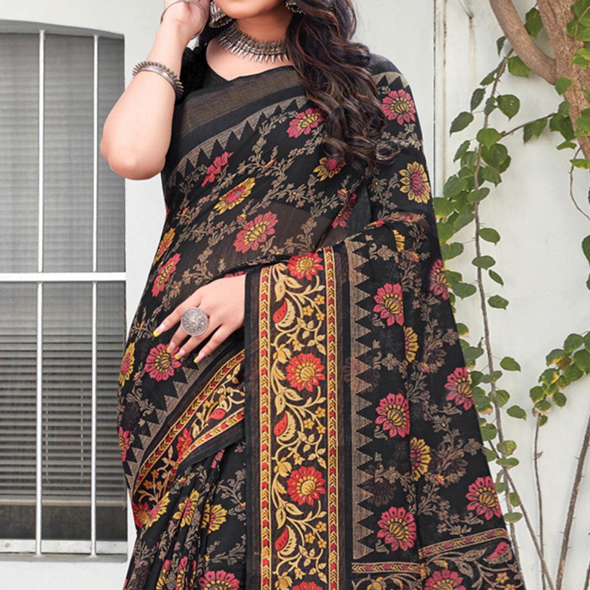 Black Floral Printed Art Silk Saree - Peachmode