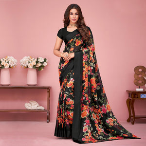 Black Floral Printed Chiffon Saree - Peachmode