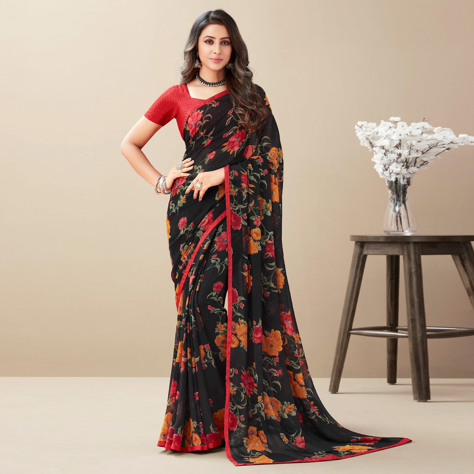 Black Floral Printed Georgette Saree - Peachmode