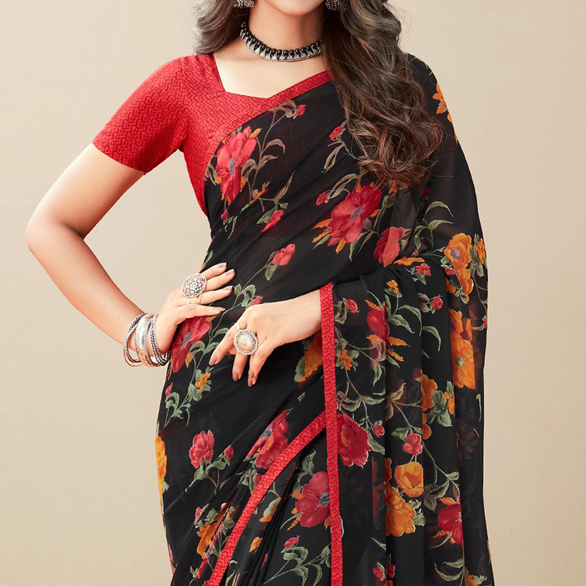 Black Floral Printed Georgette Saree - Peachmode