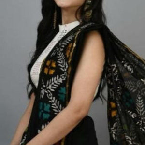 Black Floral Printed Linen Saree - Peachmode