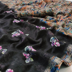 Black Floral Printed Linen Saree - Peachmode
