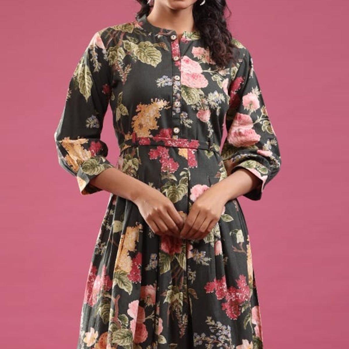 Black Floral Printed Poly Cotton Dress - Peachmode