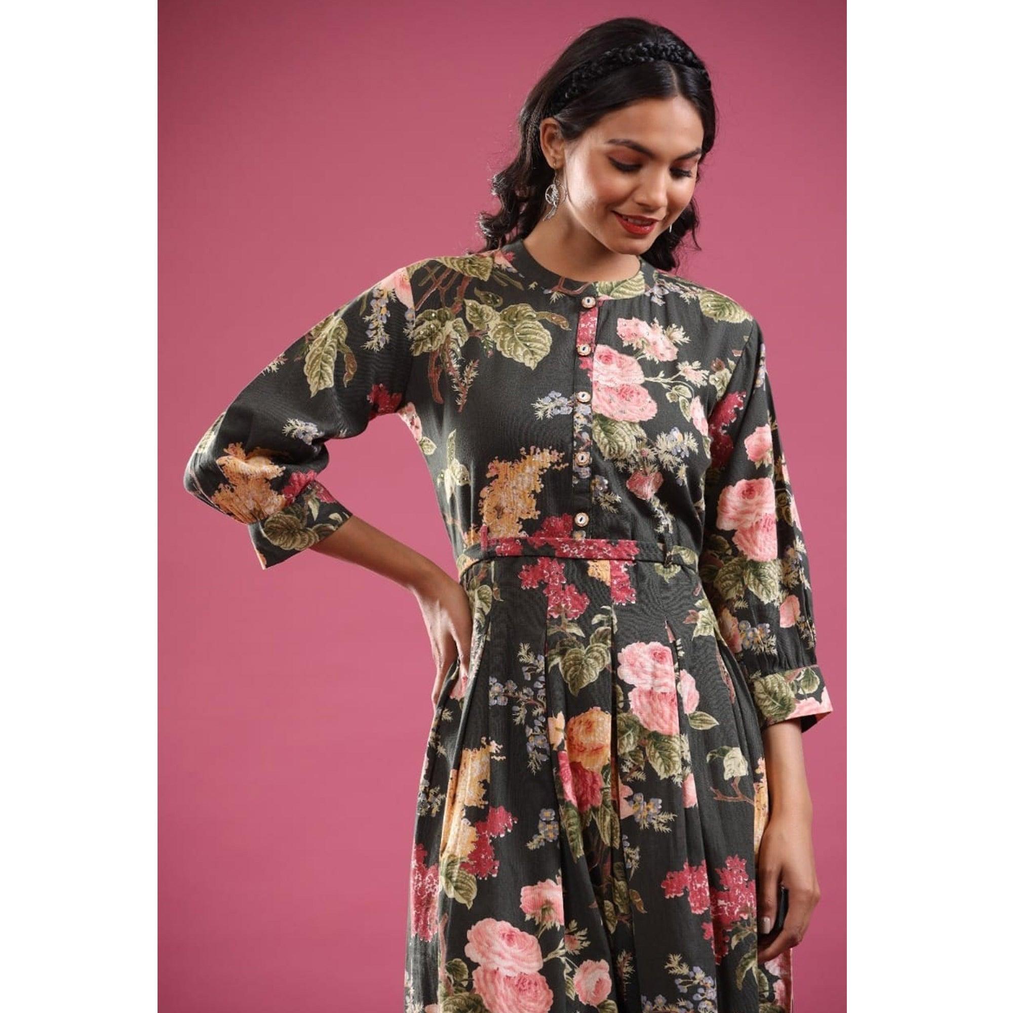 Black Floral Printed Poly Cotton Dress - Peachmode