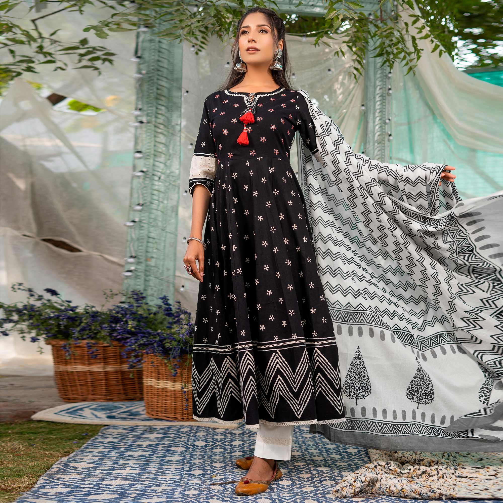 Black Floral Printed Pure Cotton Anarkali Suit - Peachmode