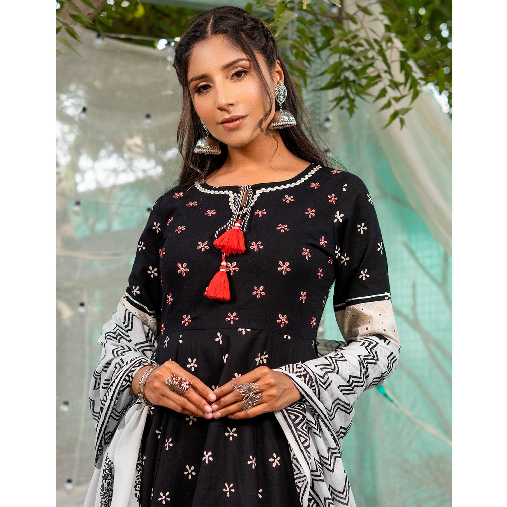 Black Floral Printed Pure Cotton Anarkali Suit - Peachmode