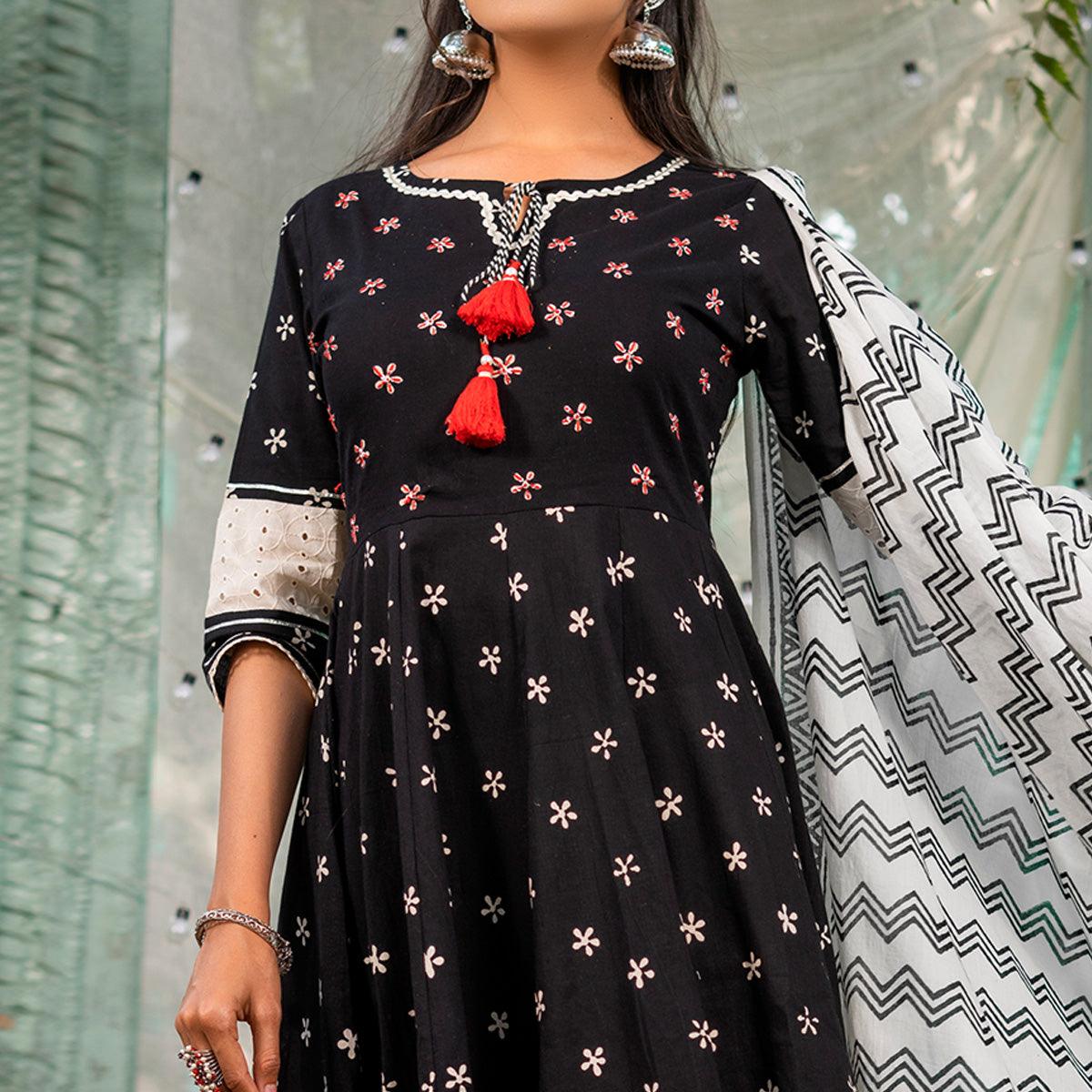 Black Floral Printed Pure Cotton Anarkali Suit - Peachmode