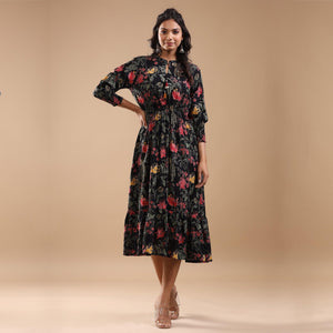 Black Floral Printed Pure Cotton Dress - Peachmode