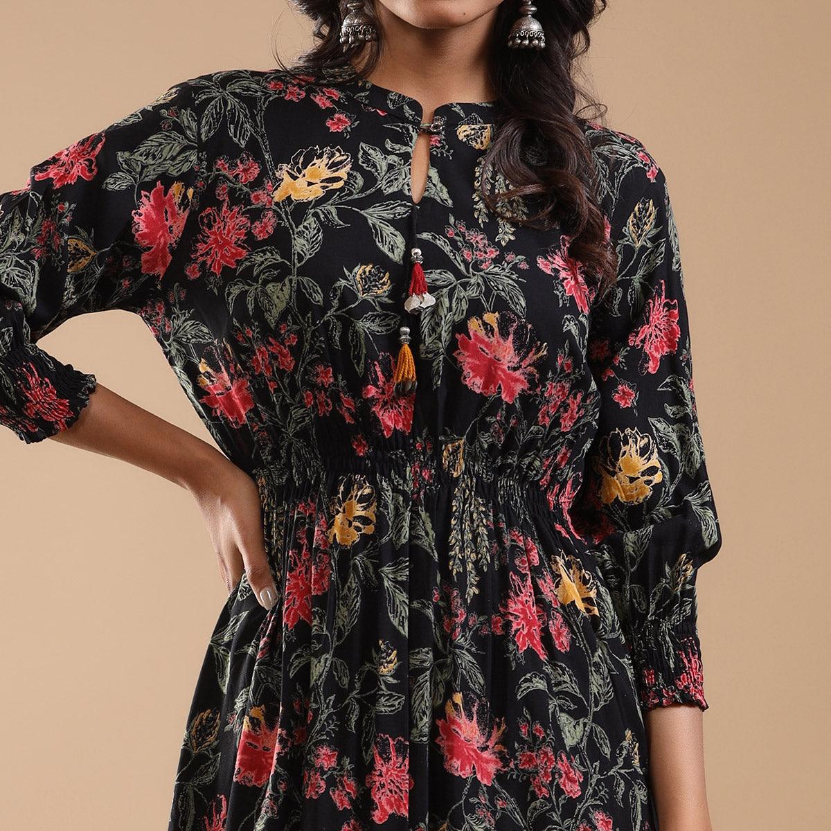 Black Floral Printed Pure Cotton Dress - Peachmode