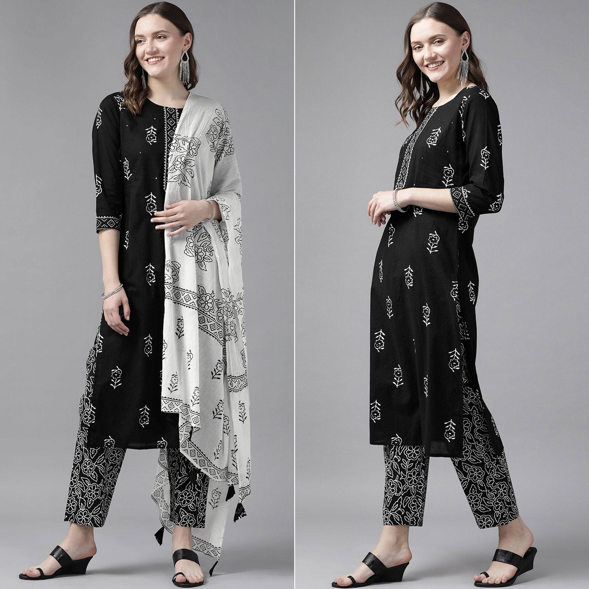 Black Floral Printed Pure Cotton Salwar Suit - Peachmode