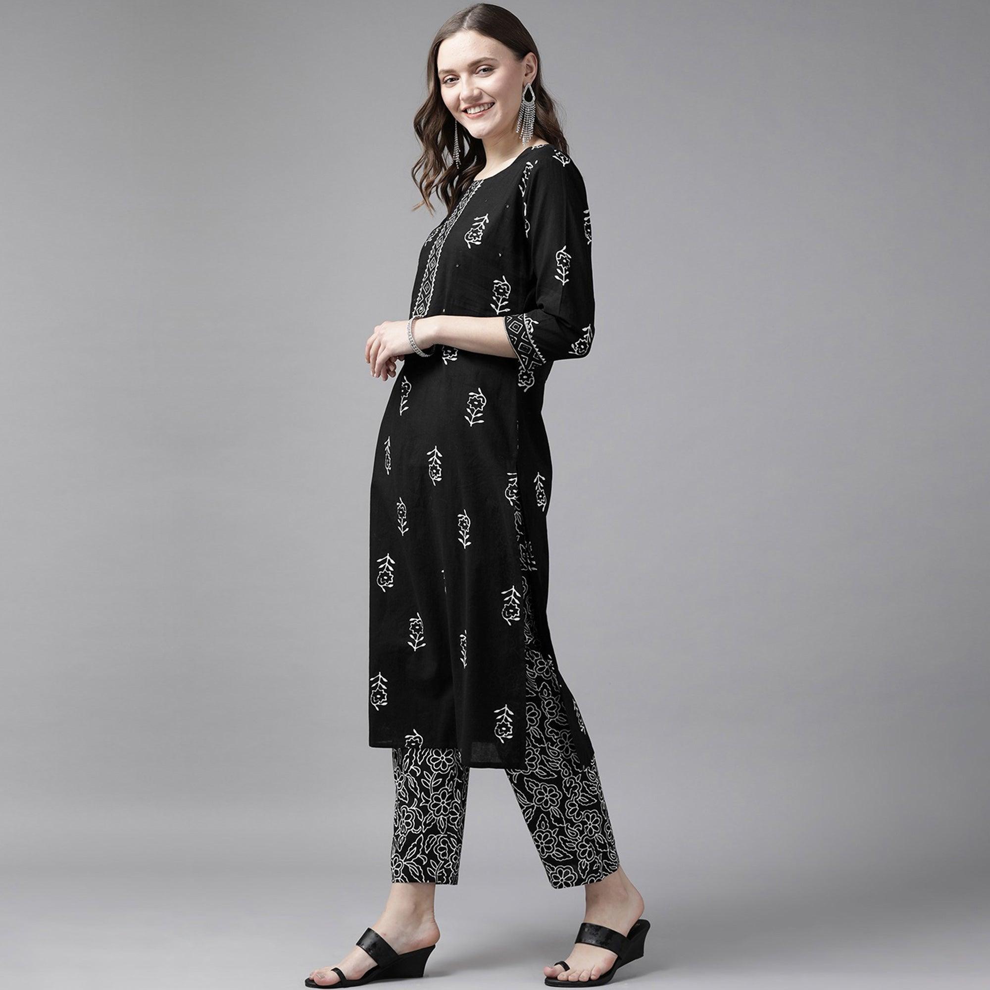 Black Floral Printed Pure Cotton Salwar Suit - Peachmode