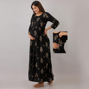 Black Floral Printed Rayon Maternity Kurti With Feeding Zip - Peachmode