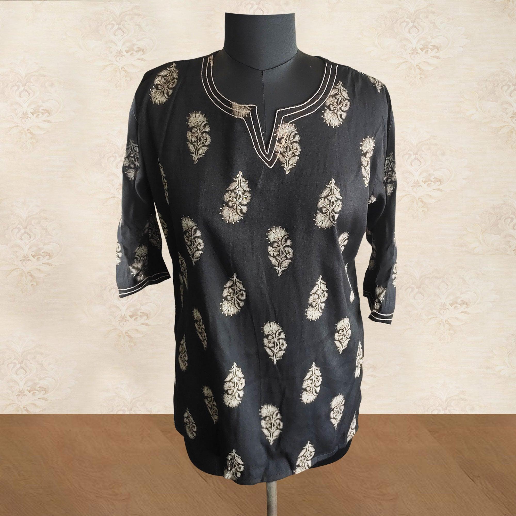 Black Floral Printed Rayon Top - Peachmode