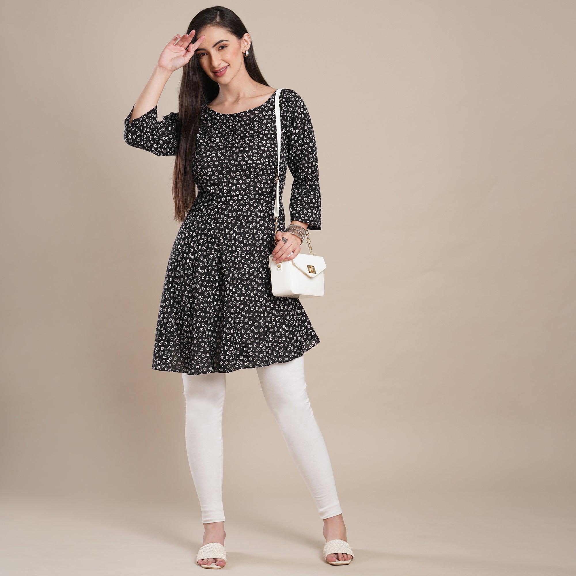 Black Floral Printed Rayon Top - Peachmode