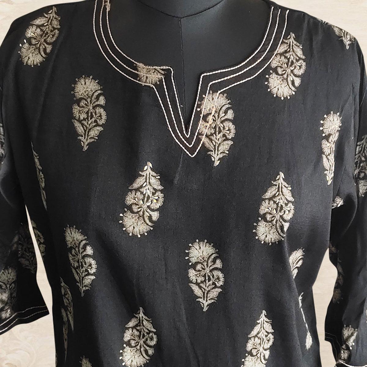 Black Floral Printed Rayon Top - Peachmode