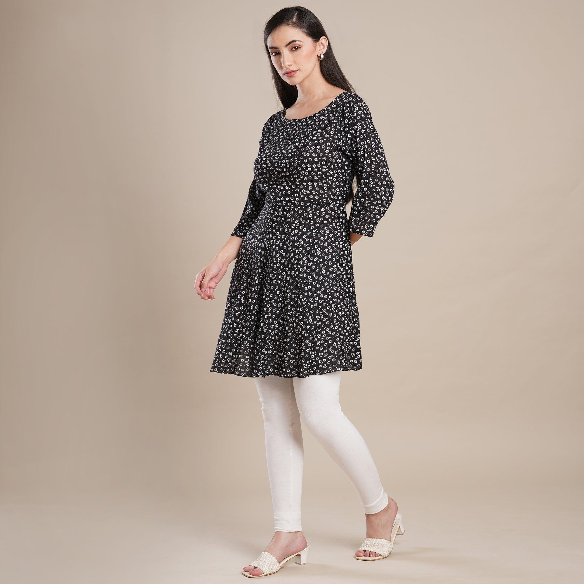 Black Floral Printed Rayon Top - Peachmode