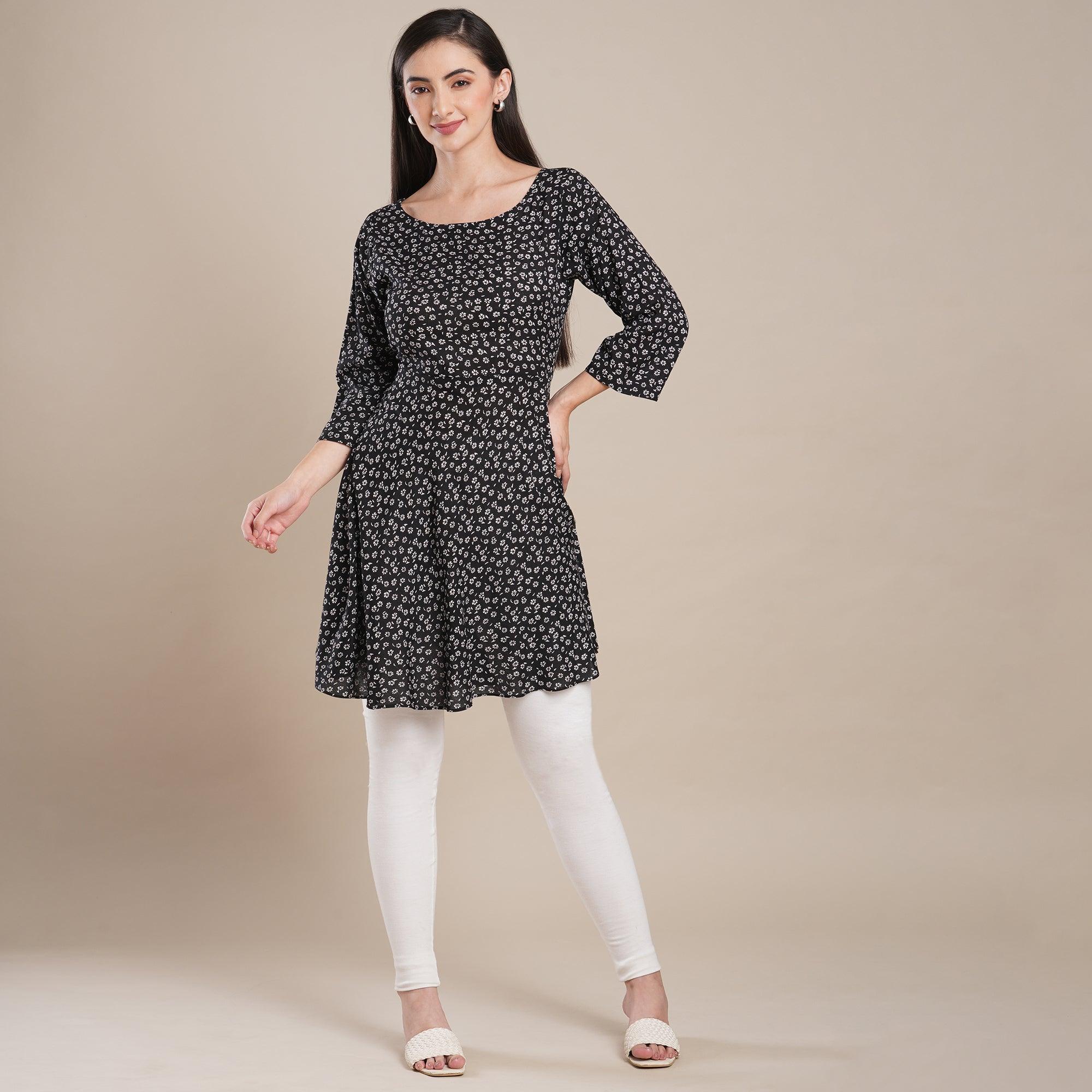 Black Floral Printed Rayon Top - Peachmode