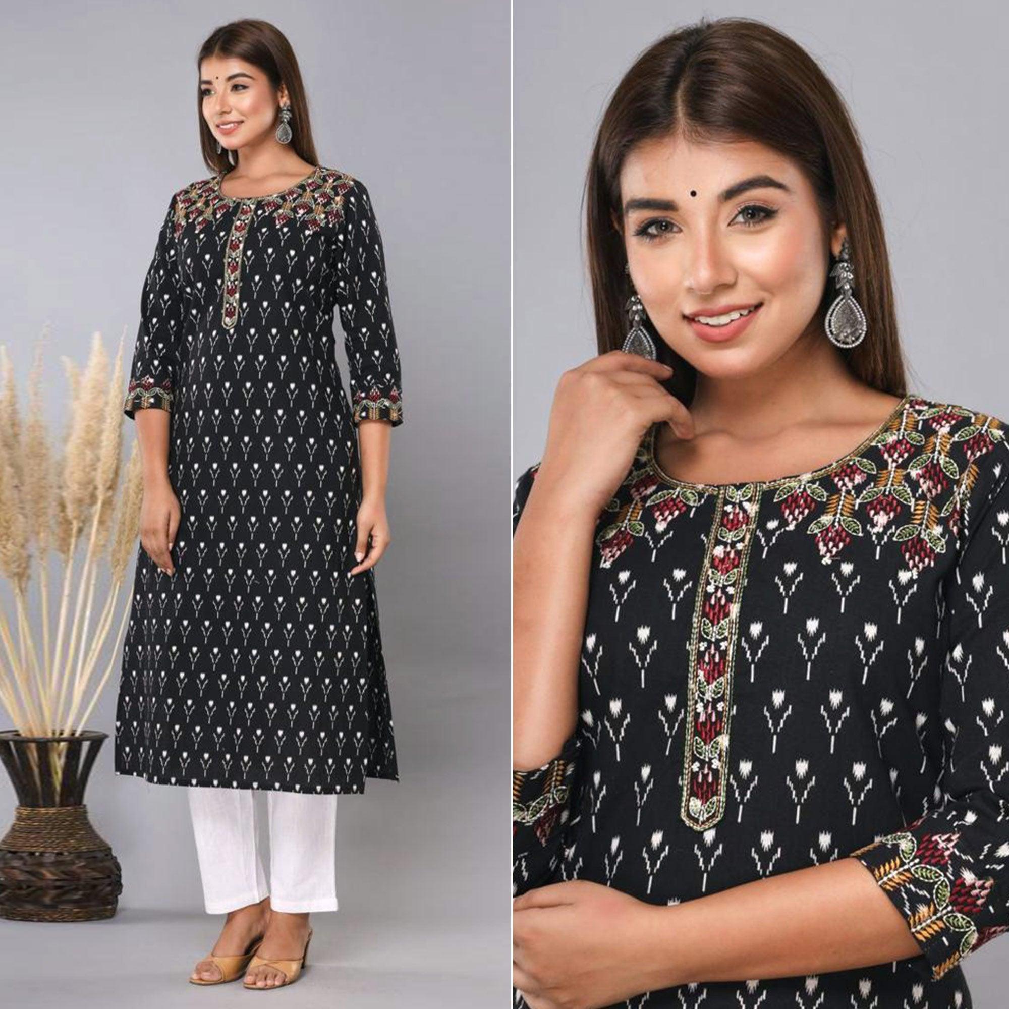 Black Floral Printed With Embroidered Pure Cotton Kurti - Peachmode