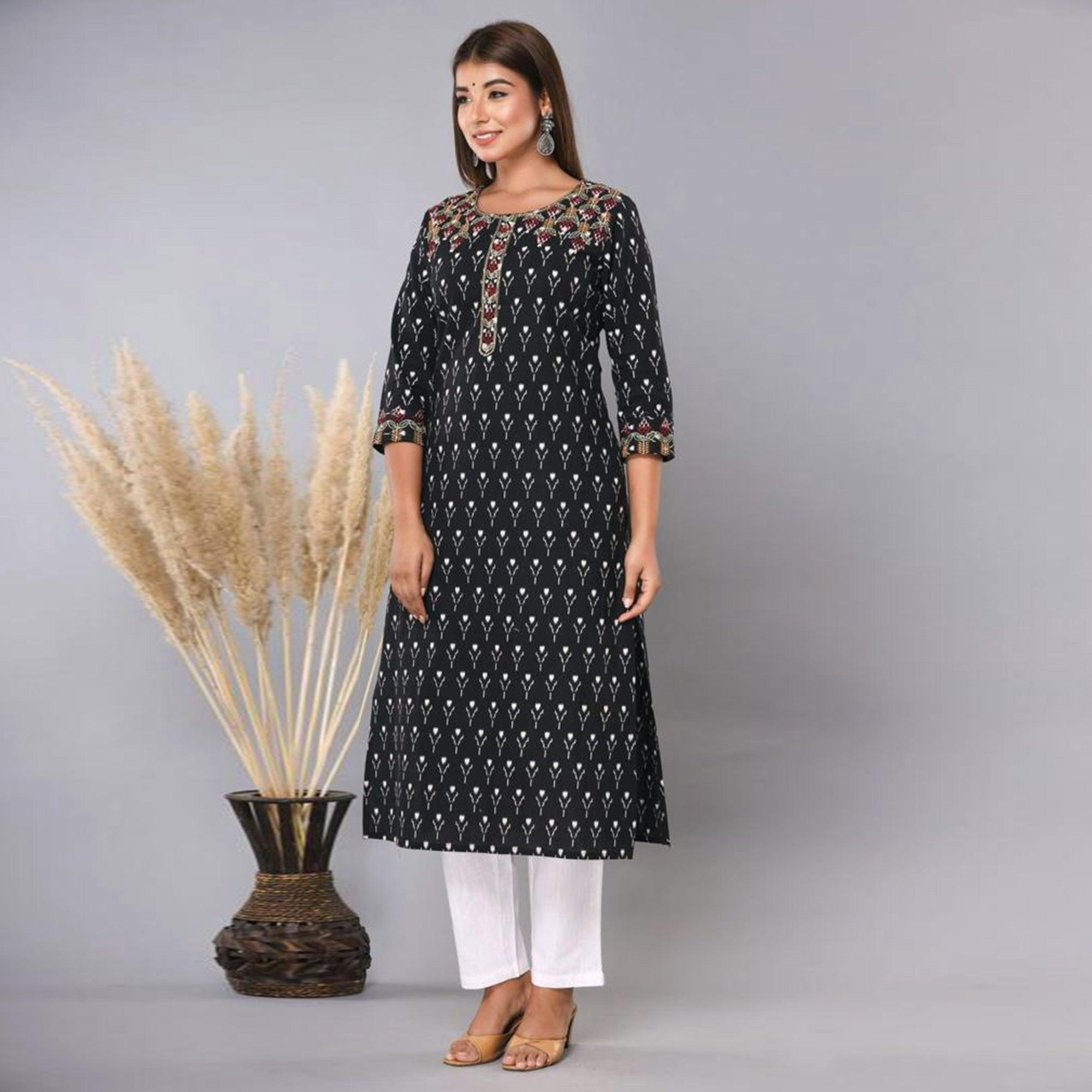 Black Floral Printed With Embroidered Pure Cotton Kurti - Peachmode